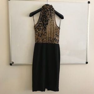 Zara leopard turtleneck halter dress w black midi